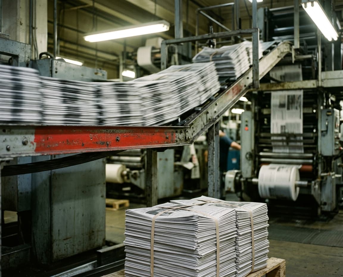 Freshly printed newspapers running along a press conveyor