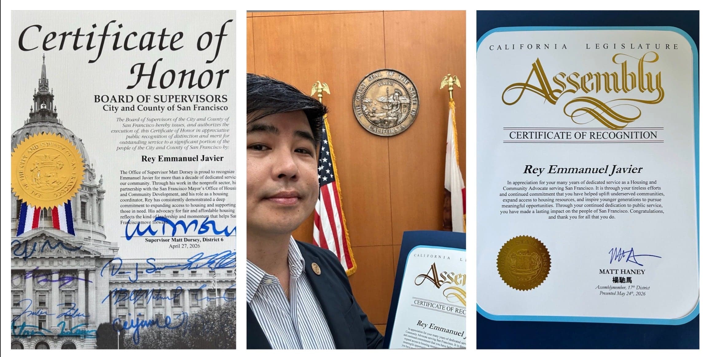 Rey Javier Receives Certificate of Honor from San Francisco Board of Supervisors