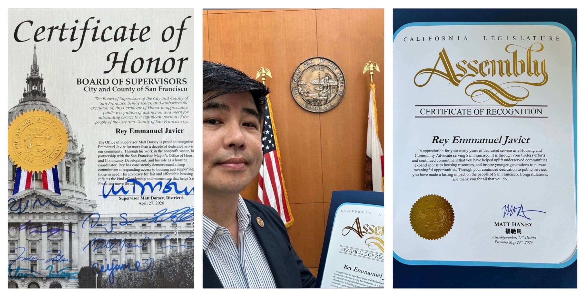 Rey Javier Receives San Francisco Board of Supervisors Certificate of Honor